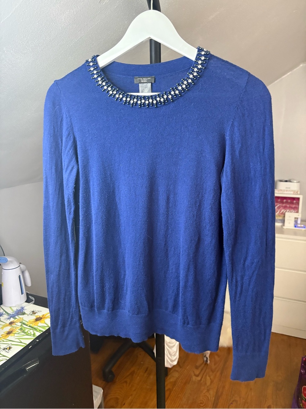 Ann Taylor Royal Blue Beaded Crewneck Sweater